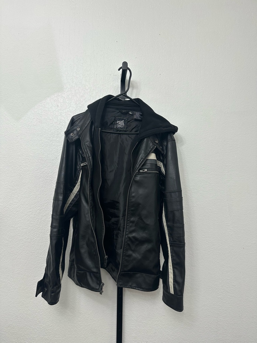 Point Zero Black Leather Hooded Jacket with White Stripes